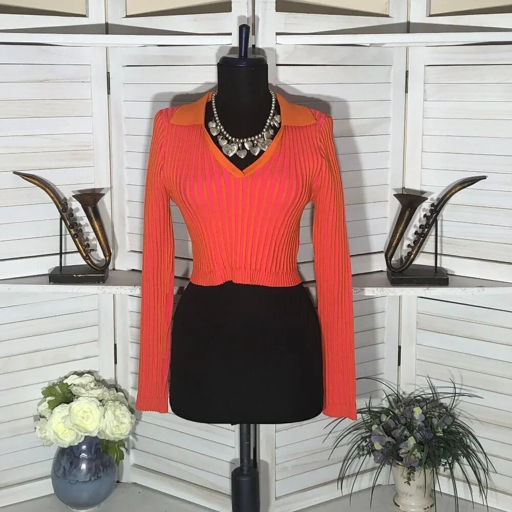 PrettyLittleThing Pink Orange Knit Cropped Top Small - Picture 3 of 11
